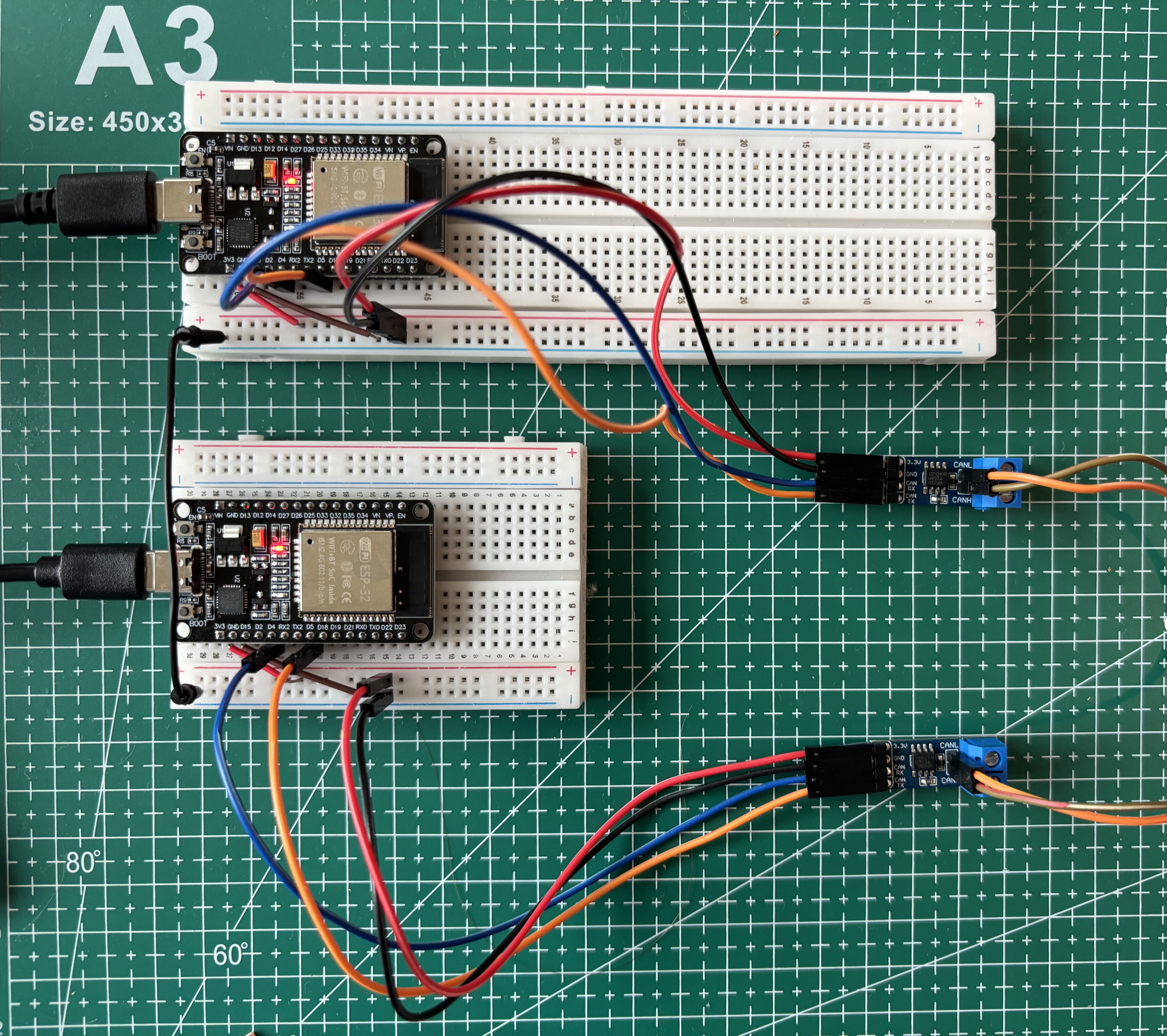 Completed two-node ESP32 CAN bench network