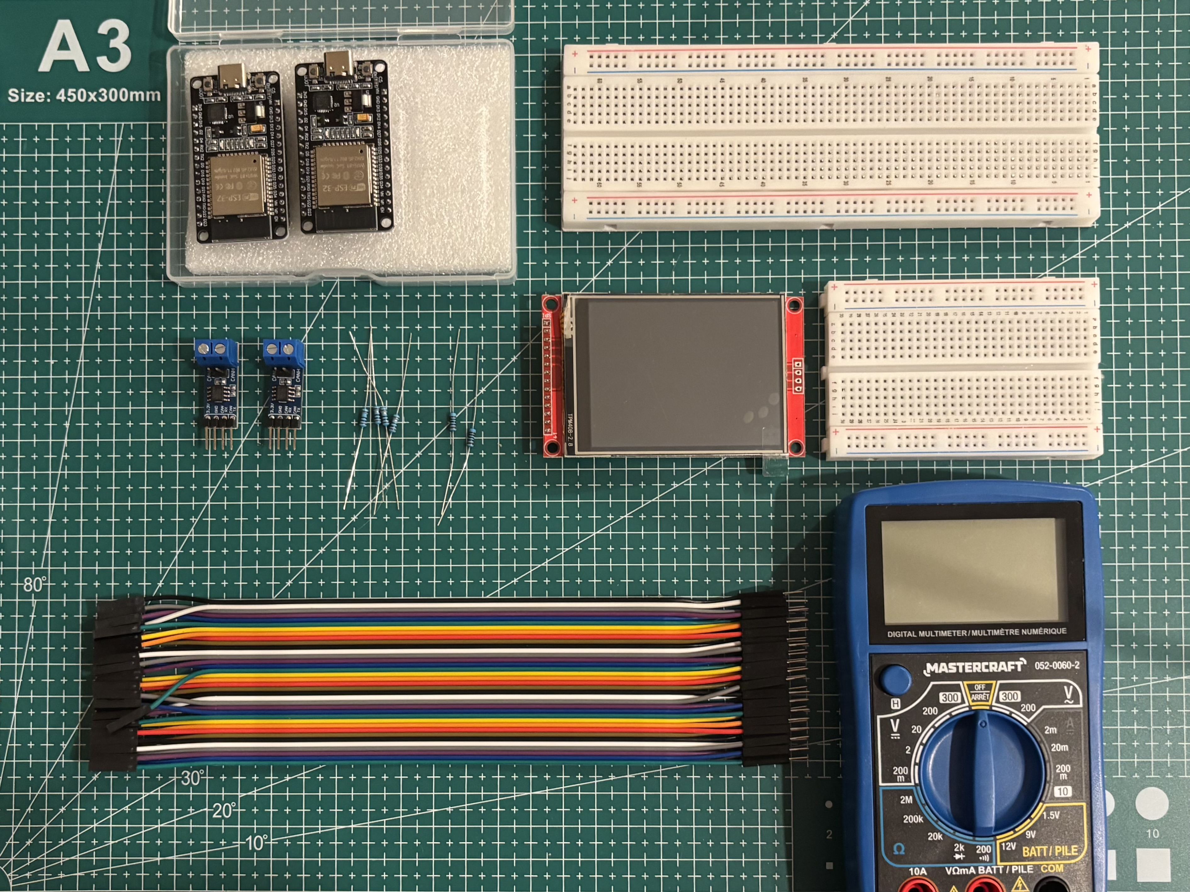 ESP32 CAN telemetry hardware laid out before bench assembly