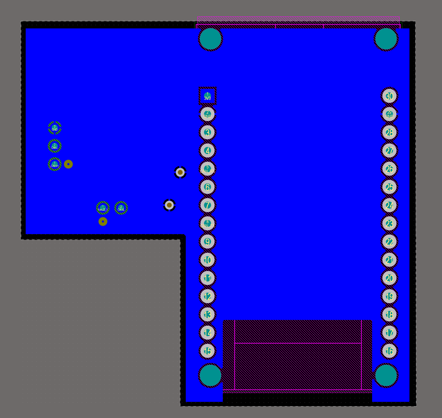 Bottom-layer ground plane with a copper-free region below the ESP32 antenna